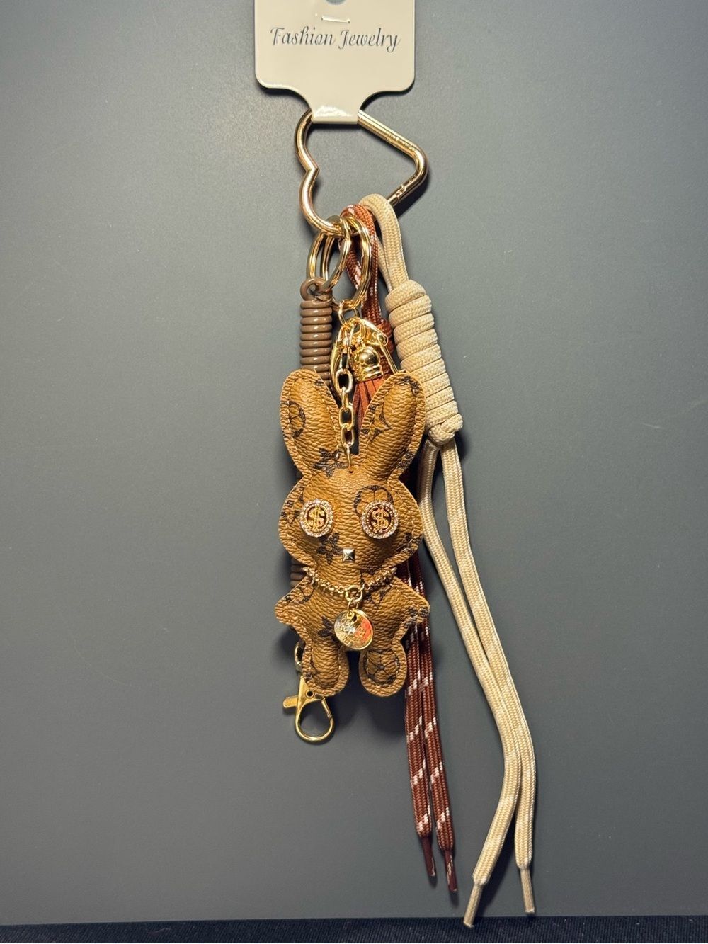 Brown Floral Print Bunny Keychain Bag Charm Gold Dollar Sign Accents NWT